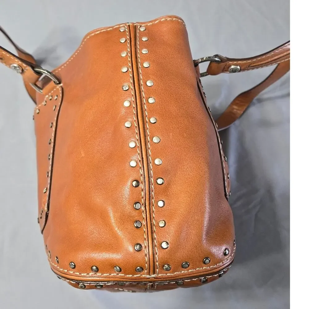 Michael Kors Vintage Astor Studded Leather Satchel Bag Cognac Tan Y2K